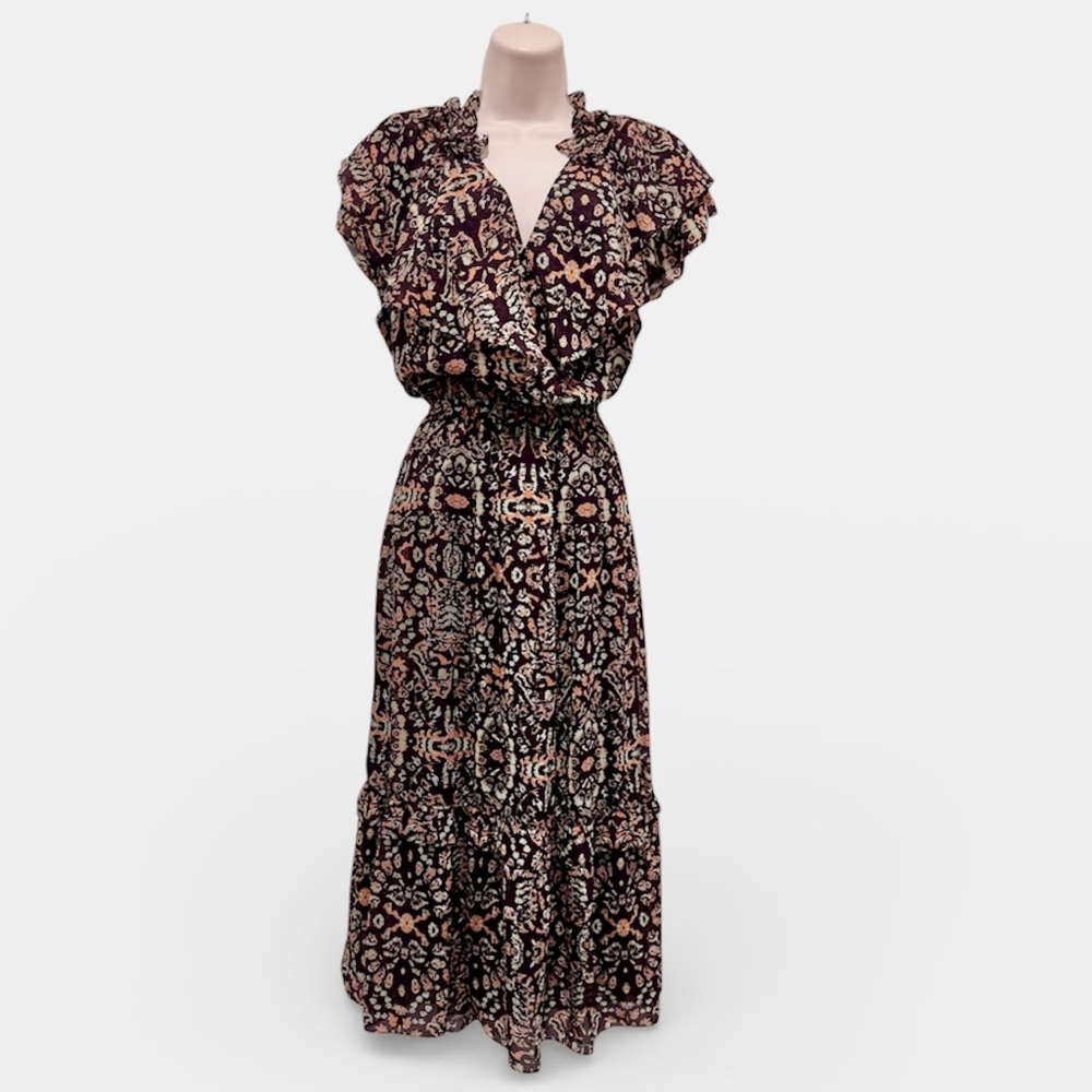 Willa Story - Elegant Brown and Orange Patterned Dress, lined - size Medium